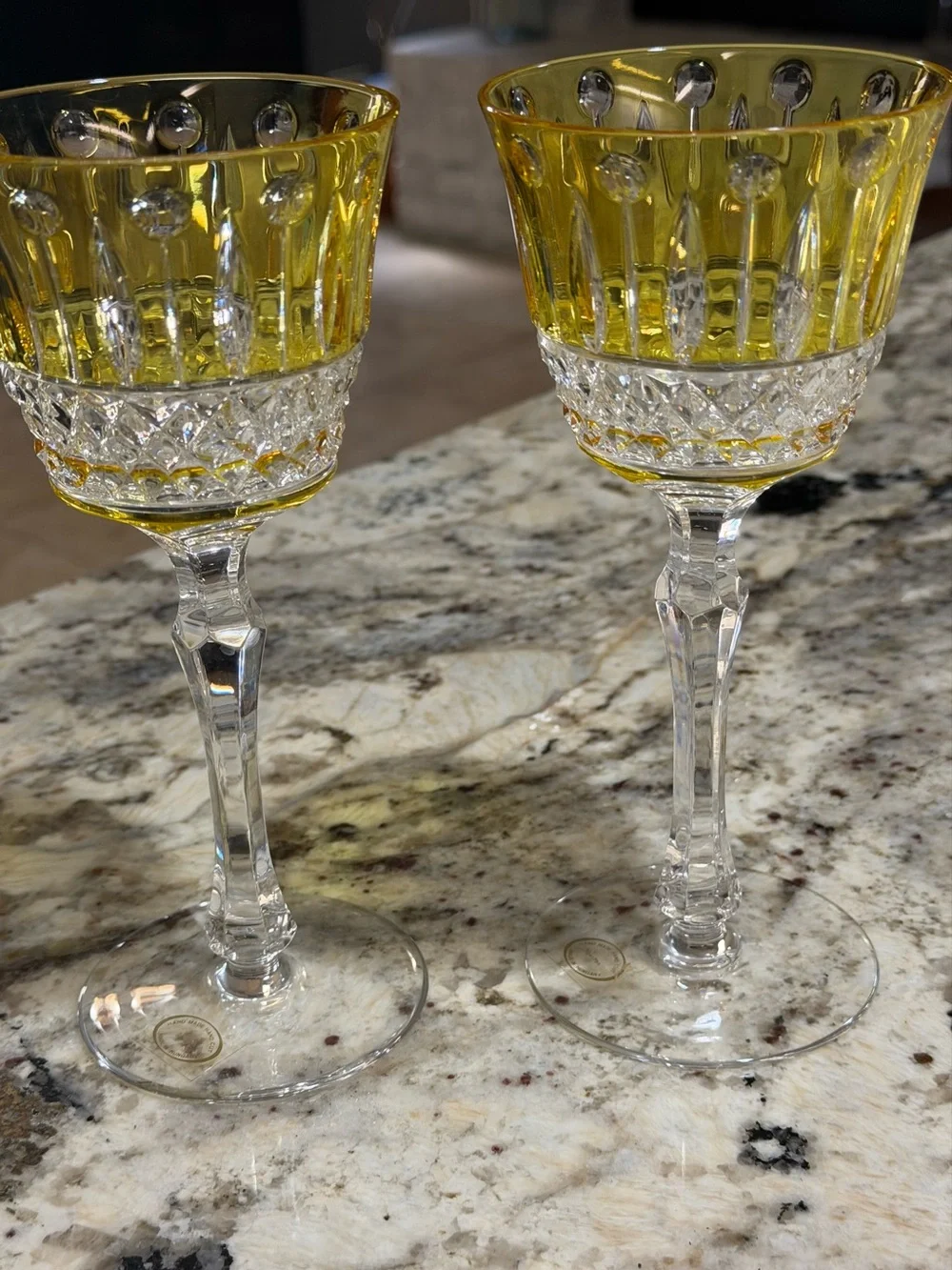 Pair Of 2 Golden Yellow Hand Made Cut Hungarian Sherry Glasses Vintage Xenia